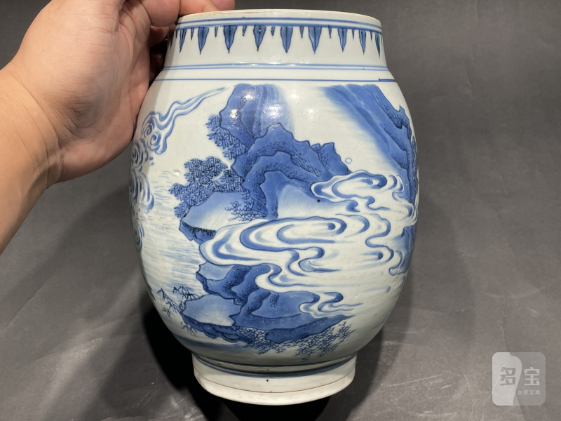 明崇祯 青花张仙送子图莲子罐 - 图4